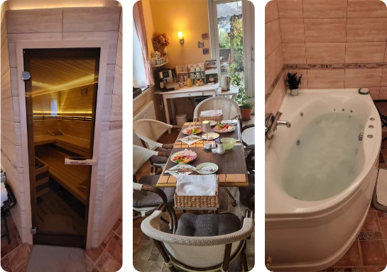 Finská sauna, prostřený stůl se snídaní a hydromasážní vana v penzionu Ostravanka.